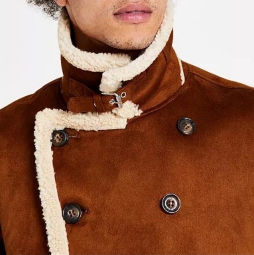 NWT Men"s Guess Double Breasted Faux Fur Shearling Coat - Picture 7 of 15